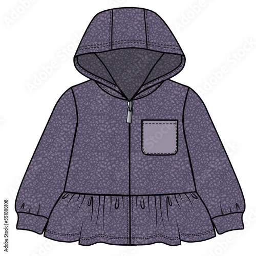 BRUSHED FLEECE HOODED JACKET WITH CONTRAST POCKET DETAILFOR TODDLER AND BABY GIRLS IN EDITABLE VECTOR