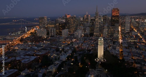 Downtown San Francisco Transamerica Pyramid Coit Tower Sunset Aerial 3 photo