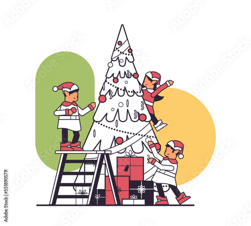 elves in uniform santa helpers team decorating fir tree happy new year merry christmas holidays celebration