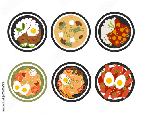 Set collection of six traditional asian dishes. Food concept. Vector stock illustration isolated on white background. Flat style