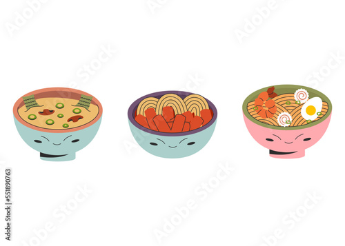 Set of three bowl with asian food Korean miso soup Tteokbokki Japanese ramen Flat style. Vector stock illustration isolated on white background. Flat style