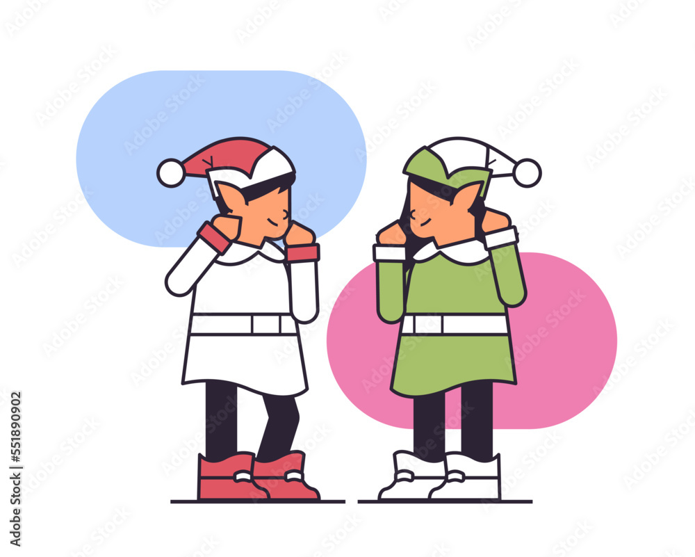 elves couple preparing for new year and christmas holidays celebration santa helpers standing together elves couple preparing for new year and christmas holidays celebration santa helpers standing together