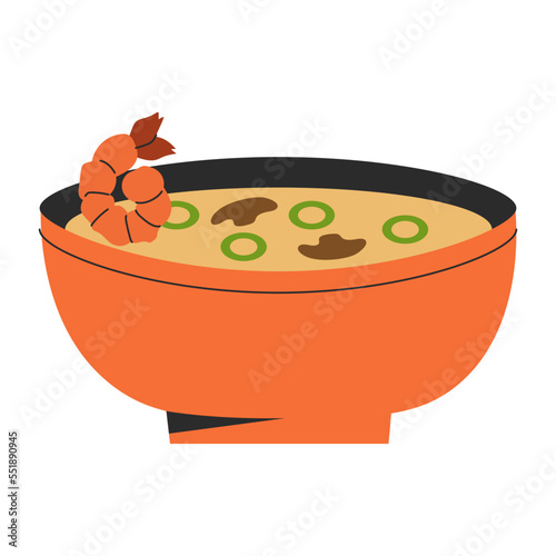 Delicious national miso soup korean food illustration in bowl with mushroom green onion shrimp. Vector stock illustration isolated on white background. Flat style