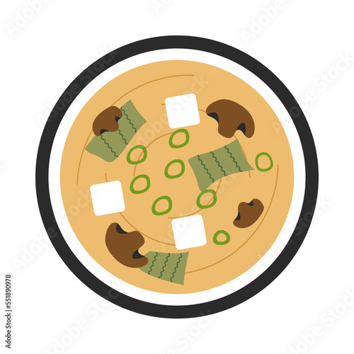 Top view illustration of vegan miso soup with mushroom tofu and seaweed. Vector stock illustration isolated on white background. Flat style