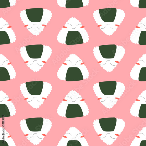 Cute seamless pattern with onigiri food japanese kitchen. Vector stock illustration in flat style