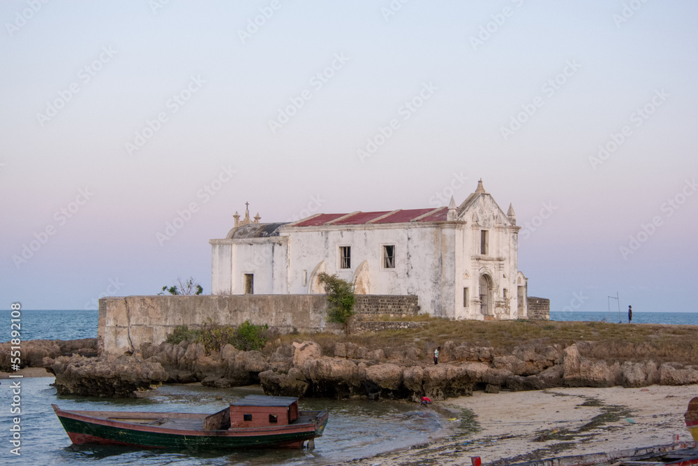View of the Church of San Antonio at the Island of Mozambique at sunset, Mozambique