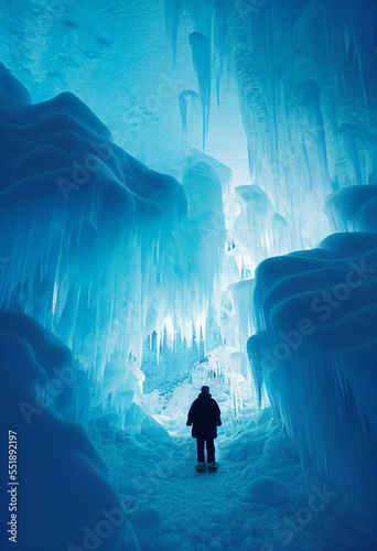 Leinwand Poster イラスト 雪山 山 自然 湖 氷 森 針葉樹 氷柱 寒冷
