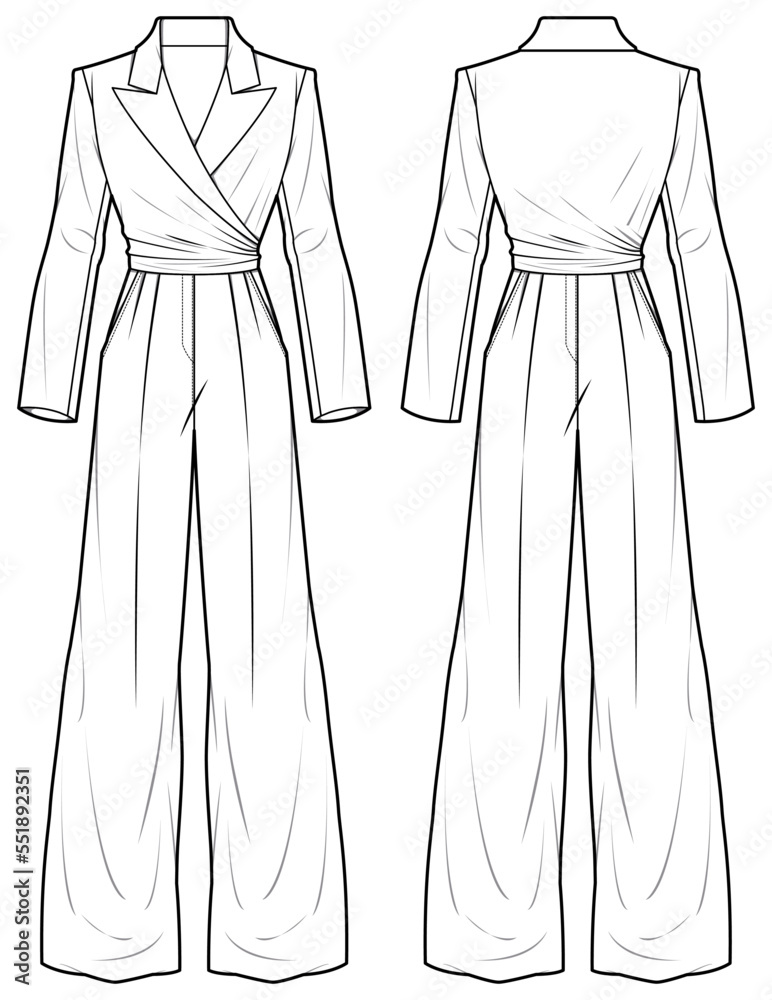 Notch lapel jumpsuit design flat sketch fashion illustration with front ...