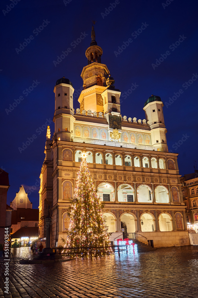 the facade of Renaissance town hall and christmas decorations in city of Poznan
