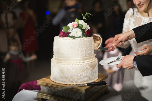 Bride and groom at wedding cutting the wedding cake