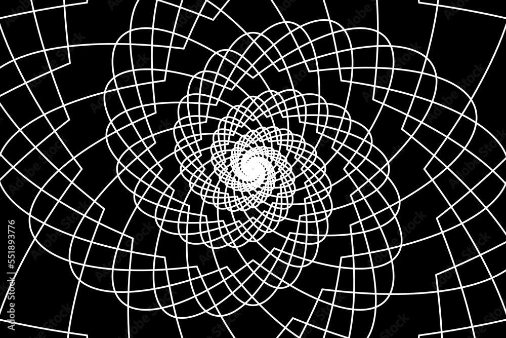 Distorted abstract lines, wireframe tunnel. The white spiral line, Golden Ratio on the black background. Vector illustration.