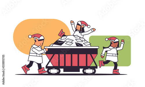 elves preparing for new year and christmas holidays celebration mix race santa helpers pushing minecart linear