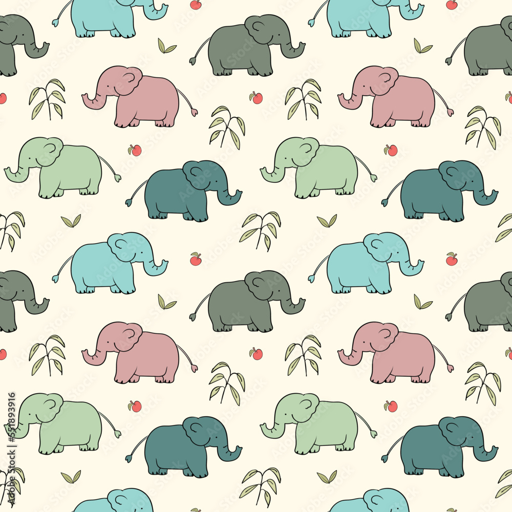 Seamless Pattern with Hand Drawn Elephant Design on Light Yellow Background Seamless Pattern with Hand Drawn Elephant Design on Light Yellow Background