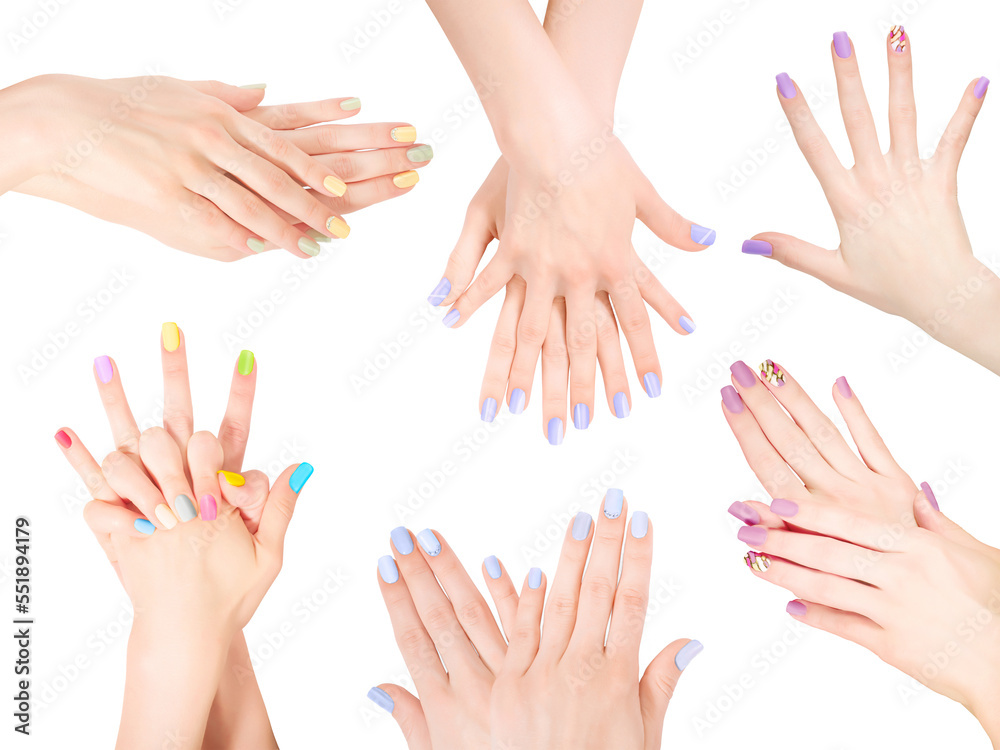 Bundle of hands with creative shellac art manicure. Png isolated with transparency