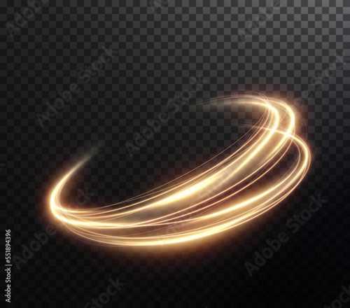 Light golden Twirl. Curve light effect of golden line. Luminous golden circle. Element for your design, advertising, postcards, invitations, screensavers, websites, games.