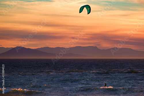 Kitesurfer at sunset, Hossegor, France