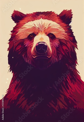 Cartoon portrait headshot of a grizzly bear. North American land animal standing facing front. Looking towards camera. Mystery light art illustration. Vertical artistic poster.