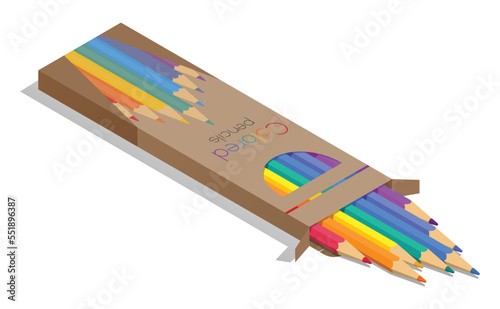 Set of colored pencils inside a box. Vector