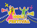 Sticker Style Holi Festival Font With Indian Couple Throwing Color Balloons At Each Other, Loudspeaker And Bunting Flags On Blue Background.
