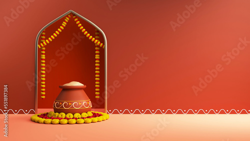 3D Render Clay Pot Full Of Traditional Dish Over Floral Rangoli And Copy Space On Dark Coral Background.
