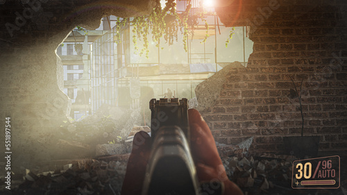 Quadro su tela First-person shooter war game screenshot concept - man aiming enemy with an AK-4