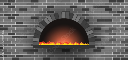 Stone brick pizzeria pizza oven. Firewood hot fired oven. Fire bakery, baker bread food.  Vector pizza cooker maker. Wood, wooden or stone kitchen for baked dough. Firebrick, fireplace BBQ or grill.