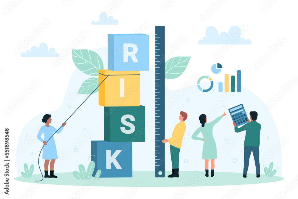 Risk management, control and measurement vector illustration. Cartoon tiny people measure financial risk with ruler, calculator and charts to research profit of investment and analysis of stock market
