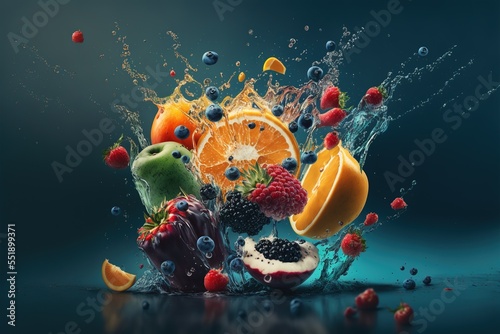 Fruits splashing deep into water on a dark background closeup shot generative AI artwork that doesn't exist in real life. 