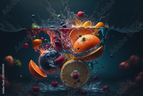 Fruits splashing deep into water on a dark background closeup shot generative AI artwork that doesn't exist in real life. 
