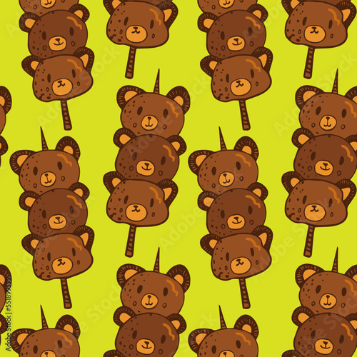 Mitarashi dango Japanese sweet food Hand Drawn line art Illustration. Kawai cute bear seamless pattern for wrapping paper, textile