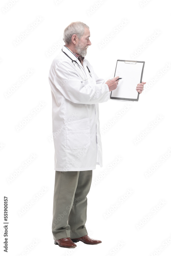 elderly competent doctor with clipboard. isolated on a white elderly competent doctor with clipboard. isolated on a white
