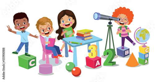 cartoon caharecter happy kid studynig and learning