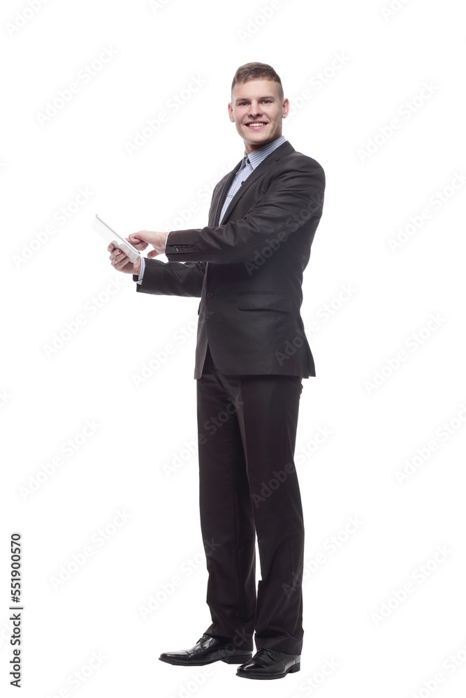 happy young businessman with a digital tablet . happy young businessman with a digital tablet .