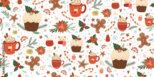 Christmas cake seamless pattern. Traditional Christmas pudding, food, tea in cup, gingerbread repeat background, wallpaper, textile, fabric, surface design for winter holiday. Vector illustration
