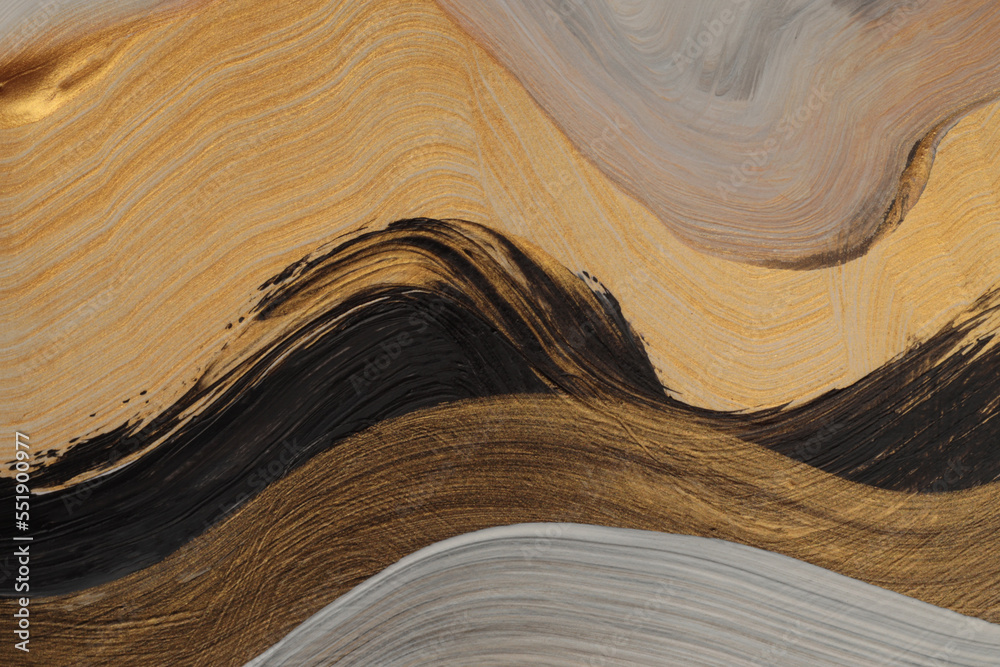 Obraz premium Art modern oil and acrylic smear blot brushstroke canvas painting wall. Abstract texture gold, black, beige color stain brushstroke texture background.