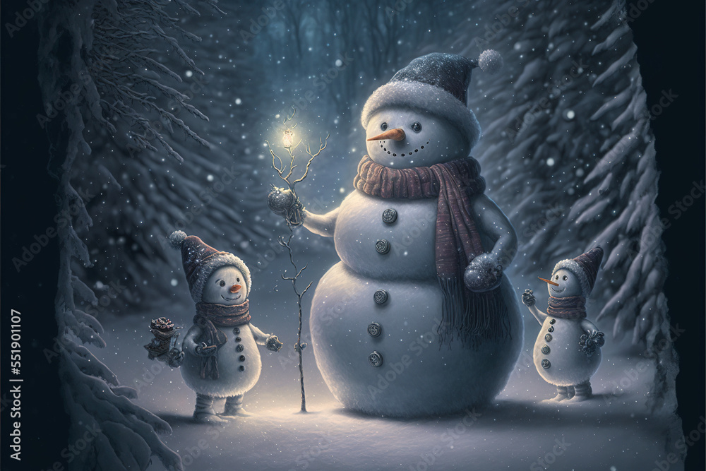 Obraz premium Winter snow symbol of Christmas in the yard. Children's New Year's Eve idyll and fun for whole family. A snowman made of white soft snow. Landscape illustration. Generative AI.