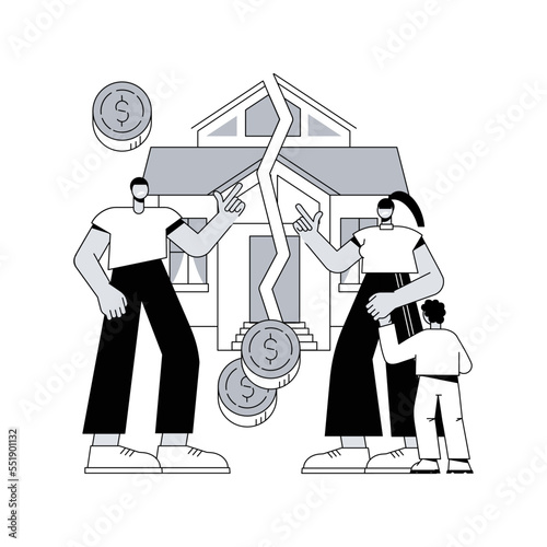 Property division abstract concept vector illustration. Divorce property agreement, division between spouses, separation process, lawyer service, legal equitable distribution abstract metaphor.