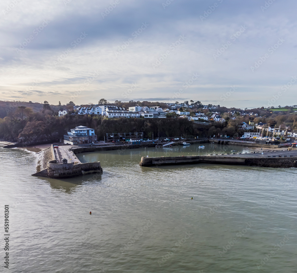 An aerial view towards the harbour in the village of Saundersfoot, Wales in winter