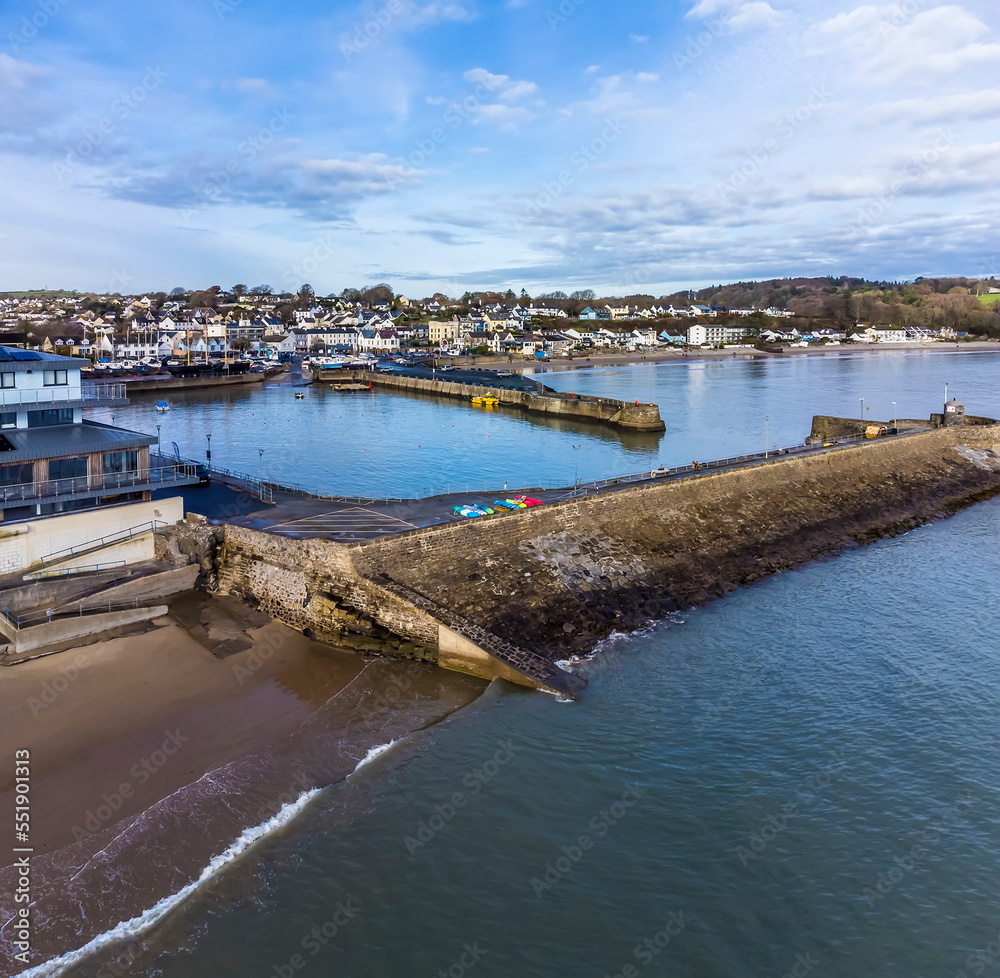 An aerial view across the harbour and village of Saundersfoot, Wales in winter