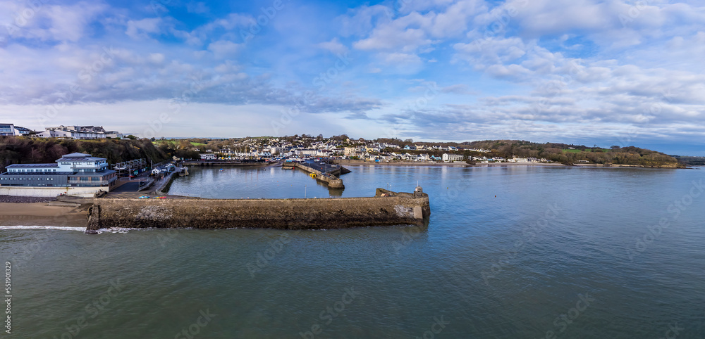 An aerial view towards the harbour and village of Saundersfoot, Wales in winter An aerial view towards the harbour and village of Saundersfoot, Wales in winter