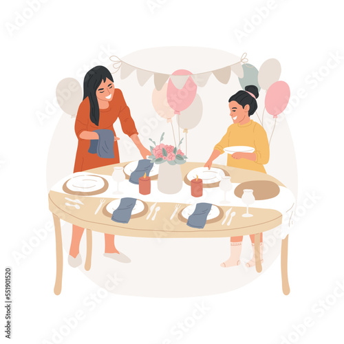 Set the table isolated cartoon vector illustration. Preparing for home party, cooking for guests, family setting the table at home, kids help to put plates, cutlery and napkins vector cartoon.