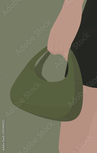 Vector flat image of a girl in a dress with a small green bag. Small green summer tote bag. Design for postcards, posters, backgrounds, templates, banners, textiles.