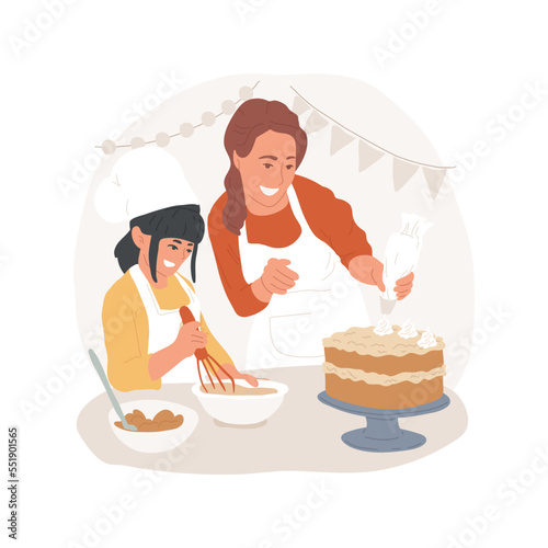 Cook desserts isolated cartoon vector illustration. Family cooking dessert, preparing food, mom with children making cake decoration, putting cream on top, baking at home vector cartoon.