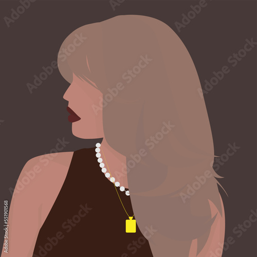 Vector flat image of a young girl with blond long hair. A lady in a brown T-shirt with chains around her neck. Design for avatars, posters, backgrounds, templates, banners, textiles.