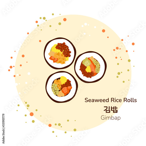 Traditional korean street food seaweed rice rolls with different filling poster. Korean gimbap. Translation from korean seaweed rice roll. Asian food snack.