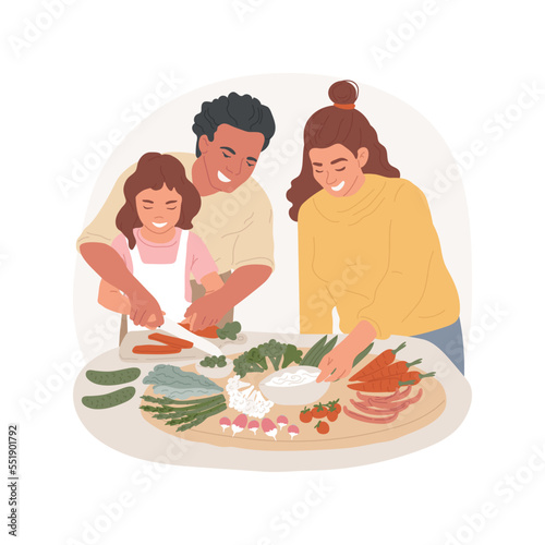 Veggie platter isolated cartoon vector illustration. Preparing food, veggie station, plate with vegetables and sauce in the middle, family slicing carots, home party table vector cartoon.