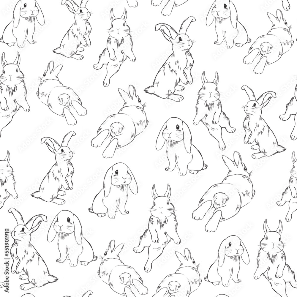 Surface pattern design sketches of rabbits. Symbol of Chinese new year 2023