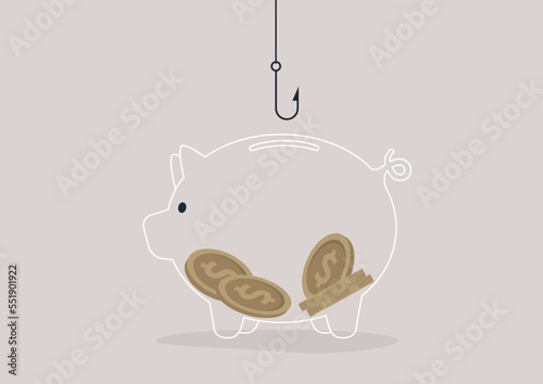 Stealing coins from a piggy bank with metal hook, financial crime, a robbery