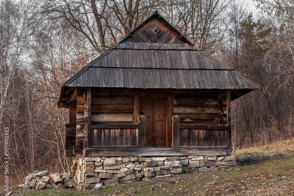 Old traditional wooden house in Pirogov museum, Ukraine. log cabin