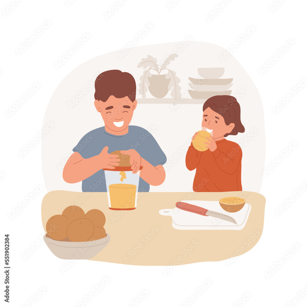 Fresh juice isolated cartoon vector illustration. Child squeezing fresh orange juice, learn to use squeezer, pressing fruit in juicier, home kitchen, preparing a healthy drink vector cartoon. Fresh juice isolated cartoon vector illustration. Child squeezing fresh orange juice, learn to use squeezer, pressing fruit in juicier, home kitchen, preparing a healthy drink vector cartoon.